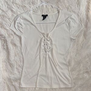 Rue21 Cream Ribbed Lace-Up Short Sleeve Top